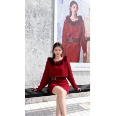 批发纯欲风性感气质麻花露肩长袖毛毛拼接连衣裙女秋<b class='q'>冬</b>收腰显瘦包臀裙