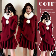 批发2025新款冬装洋气遮肉上衣半身裙秋冬高级感穿搭蝴蝶结减龄套装