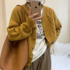 批发韩国简约文艺加厚麻花针织开衫早秋新款<b class='q'>韩版</b>软奶风宽松毛衣外套潮