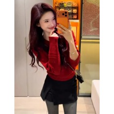 新年红色提花圆领泡泡袖加厚毛衣女秋冬新款修身显瘦保暖洋气上衣