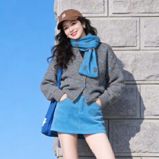 批发韩系温柔风波点<b class='q'>针织</b>开衫围巾两件套女秋冬新款小个子显瘦毛衣<b class='q'>外套</b>