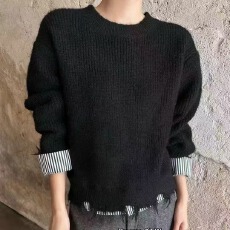 批发秋冬新款韩版设计感<b class='q'>不规则</b>流苏边袖口拼接条纹圆领毛衣女