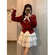 批发圣诞战袍本命年衣服小香风<b class='q'>红色</b>毛衣订婚连衣裙子生日礼服套装冬季