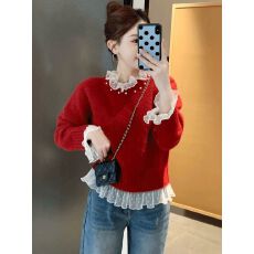 批发韩系洋气蕾丝花边拼接钉珠针织衫女秋冬新款高级感<b class='q'>毛衣</b><b class='q'>荷叶边</b>上衣