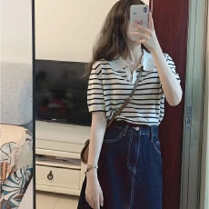批发夏季韩剧穿搭高级感<b class='q'>轻熟</b>风条纹上衣开叉牛仔半身裙两件套装女早春