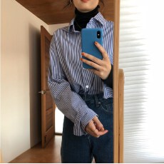 批发蓝色条纹港风衬衫女长袖衬衣长袖上衣春秋季<b class='q'>街头</b>小个子宽松薄款