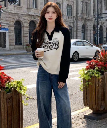 빅 사이즈 지방 mm 털이 있고 두꺼운 루즈핏 느긋한 바람 POLO 칼라 후드티 슬림해 보이는 배색 맨위