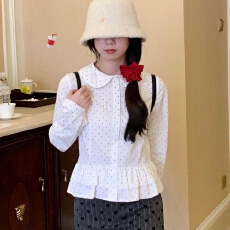 批发白色波点娃娃领衬衫女春秋季设计感小众绑带衬衣下摆花边长袖上衣