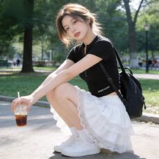 批发夏日可盐可甜学院风显瘦百搭短袖T恤女+蕾丝<b class='q'>蓬蓬</b>短裙小个子套装