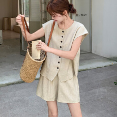 批发老钱风无袖马甲<b class='q'>短裤</b><b class='q'>套装</b>女夏季新款小个子韩版宽松休闲运动两件套