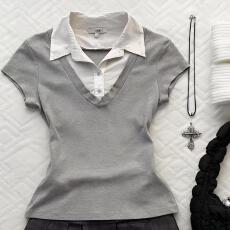 批发小清 新风假两件套小众设计百搭POLO领短袖上衣女<b class='q'>修身</b>显瘦<b class='q'>T</b><b class='q'>恤</b>