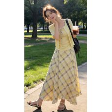 批发爆款开衫吊带<b class='q'>不规则</b>蓝色短袖半身裙2026雪纺春夏新款三件套