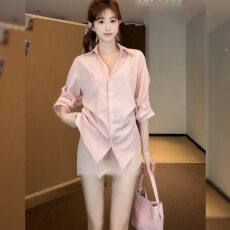 批发官图实价冰氧棉翻领短款<b class='q'>不规则</b>防晒衬衫上衣新款春秋小衫衫衣女装