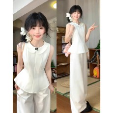 批发白色娃娃领无袖背心t恤女2026新款夏季法式气质短款收腰显瘦上衣