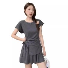 批发<b class='q'>大码</b>微胖mm夏简约休闲设计感绑带短袖时尚气质宽松短裤炸街套装女