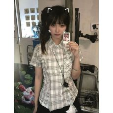 批发美式复古小个子格子短袖衬衫女2026年新款小众显瘦上衣设计感衬衣