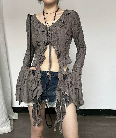 불모지 바람이 아닙니다. 규칙 찢어진 부분 V넥 스트랩 프릴 리본 긴팔 자외선 차단