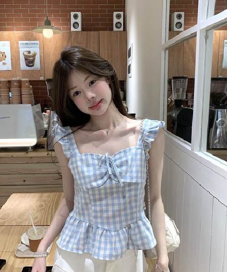 달콤한 미국 칼라 파란색 체크무늬 캐미솔 디자인 새로운 연꽃 잎 몸매 가꾸기 맨위