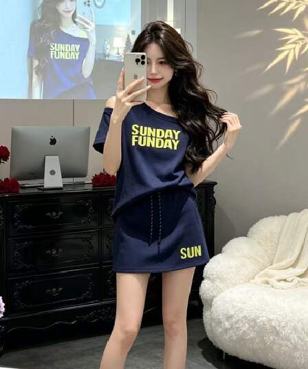 전체 집합 ootd 착용 가져 가라. 연령 감소 반팔 핫픽스 티셔츠 맨위 한 마디 반신 스커트 패션 품격 투피스 세트 트렌디