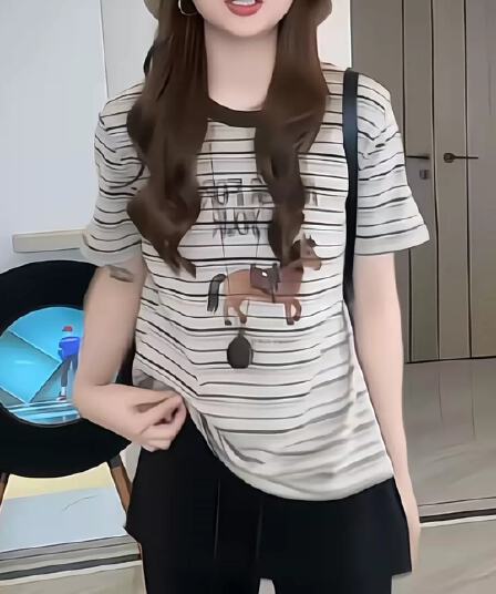 한 부서 캐주얼 다용도 알파벳 작은 말 스트라이프 반팔 티셔츠 여성 여름 디자인 센스 작은 대중 고유 한 아름다운 맨위