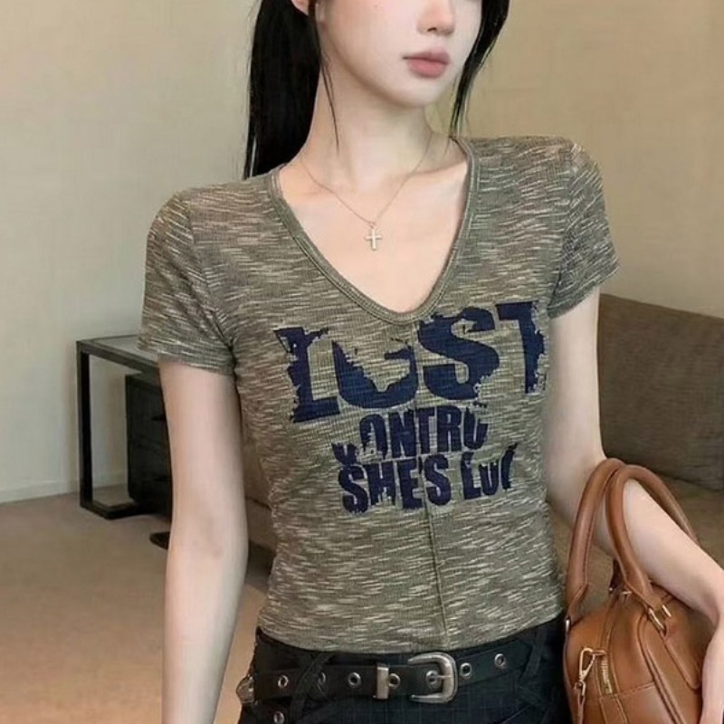 경관 그림 정가 원본 원단 한국 동대문 얇은 스타일 다용도 V넥 반팔 티셔츠 새로운 여성 슬림해 보이는 맨위