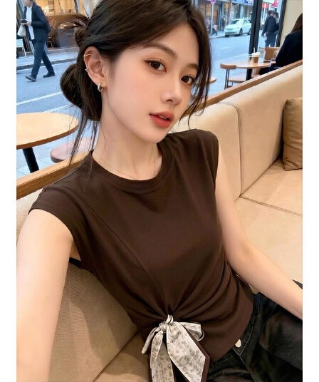 사람들 면 와 사고 방식 레트로 아메리칸 몸매 가꾸기 디스플레이 얇고 작은 날다 소매 티셔츠 여성 여름 새로운 스카프 맨위
