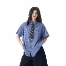 批发美式复古蓝色格子短袖衬衫<b class='q'>男</b>女高级感休闲宽松情侣衬衣<b class='q'>上衣</b>