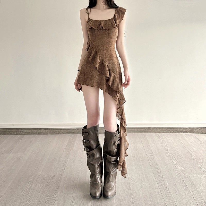 아메리칸 불모지 바람 프릴 리본 불규칙 드레스 개성 핫걸 여성 의류 수 있습니다. 스택 착용 디자인 센스 미니 스커트