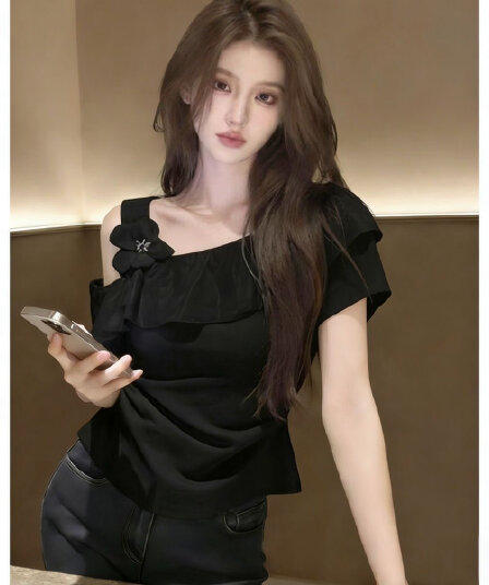 2026 무거운 작업 3 차원 꽃 반팔 티셔츠 여름 새로운 슬림해 보이는 허리 수축 외국 가스 품격 몸매 가꾸기 오프숄더 맨위