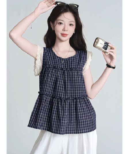 프랑스식 레이스 레이스 패치워크 체크무늬 민소매 셔츠 2025 봄 여름 새로운 루즈핏 다용도 맨위 여성 370k