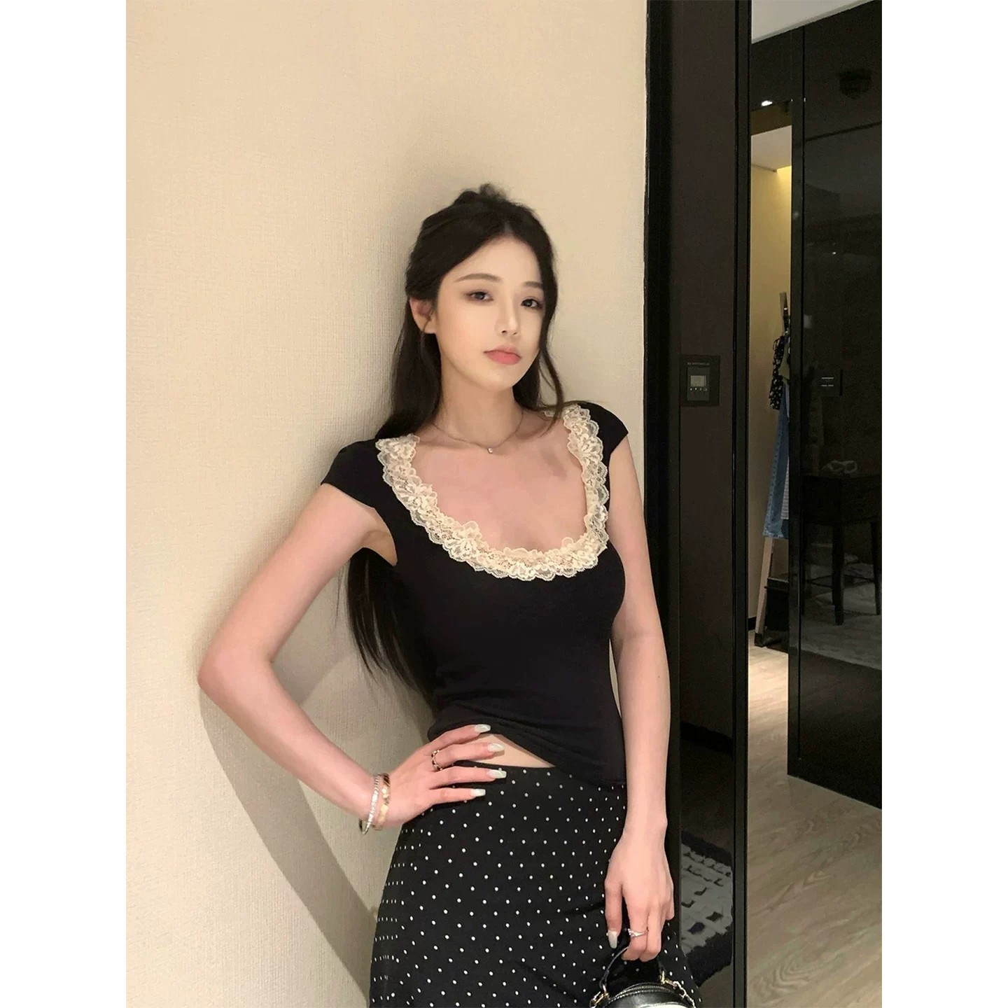 260 그램 사람들 면 순수한 욕망 레이스 레이스 u 칼라 반팔 티셔츠 여성 여름 섹시함 허리 수축 몸매 가꾸기 슬림해 보이는 다용도 맨위
