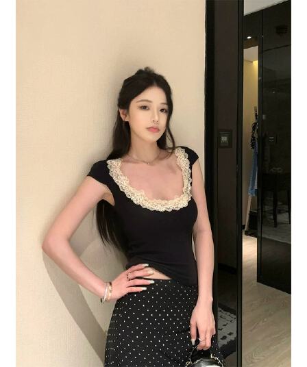 260 그램 사람들 면 순수한 욕망 레이스 레이스 u 칼라 반팔 티셔츠 여성 여름 섹시함 허리 수축 몸매 가꾸기 슬림해 보이는 다용도 맨위