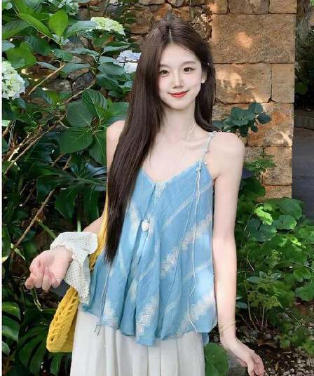 휴가 바람 파란색 꽃무늬 비즈 캐미솔 여름 불규칙 와이드 뒤로 민소매 맨위 고급 센스