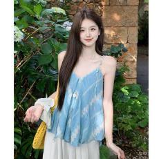 批发度假风蓝色碎花串珠吊带背心女夏季不规则宽背<b class='q'>无袖</b>上衣高级感