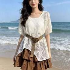 批发2026韩版镂空<b class='q'>针织衫</b>罩衫女夏系带收腰<b class='q'>中长款</b>上衣+腰带+背心三件套