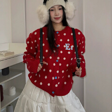 批发26秋冬 休闲复古波点加厚毛衣外套红色<b class='q'>圆领</b><b class='q'>开衫</b>宽松<b class='q'>针织</b>上衣