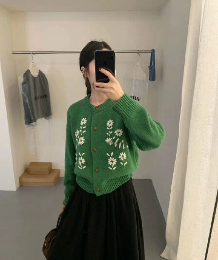 프랑스식 부드러운 무거운 작업 편집 꽃 라운드 넥 니트 오픈 가디건 섬세한 부드러운 찹쌀 프로 피부 센스 부드러운 맨위 재킷