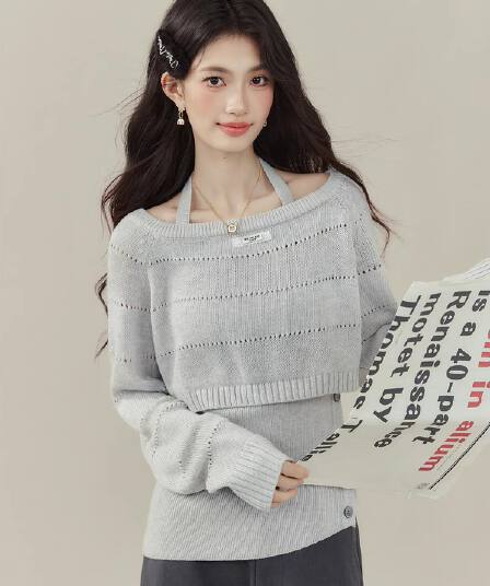 Ouyang 안녕하세요. 작은 우는 소리 좋은 이른 가을 착용 가져 가라. 투피스 세트 행침 목 조끼 니트 스웨터 홀로우 아웃 스웨터 Chic 맨위