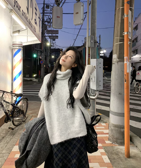 한 부서 느긋한 바람 터틀넥 니트 베스트 조끼 여성 가을 겨울 루즈핏 어깨 스웨터 스택 착용 외부 가져 가라. 민소매 맨위