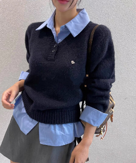이른 가을 페이크 레이어드 POLO 칼라 학원 스타일 연령 감소 스웨터 여성 의류 한 부서 루즈핏 니트 스웨터 프랑스식 Chic 맨위