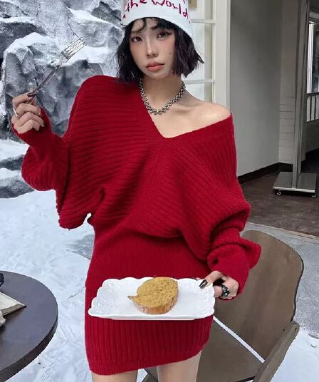 부드러운 찹쌀 V넥 긴팔 풀오버 스웨터 여자 2026 가을과 겨울 한 부서 품격 슬림해 보이는 니트 맨위 반 스커트 세트