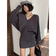 批发韩系蝙蝠袖v领针织上衣包臀裙两件套女秋冬千金风<b class='q'>通勤</b>穿搭套装裙