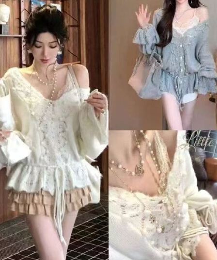 가을 따뜻한 꽃 스웨터 홀로우 아웃 자수 털 공 V넥 루즈핏 펌프 로프 밑단 니트 스웨터 여자