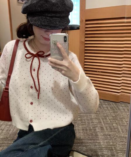 ptonumi 우유 소금 짭짤한 복숭아 소녀 센스 하트 자카드 니트 오픈 가디건 여성 가을 겨울 쇼트 스타일 루즈핏 스웨터 코트