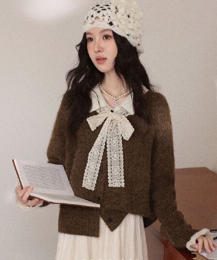 폴로 칼라 페이크 레이어드 스웨터 여성 코트 가을 겨울철 새로운 레이스 나비 매듭 니트 오픈 가디건 쇼트 스타일 맨위