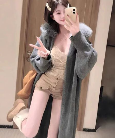 한 부서 느긋한 센스 모피 칼라 재킷 롱 코트 바람막이 가을 겨울철 새로운 루즈핏 니트 오픈 가디건 스웨터 두꺼운 코트