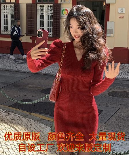 syt 연대 센스 레트로 포함 양모 허리 수축 슬림해 보이는 여성 드레스 봄 2026 새로운 V넥 품격 미니 스커트