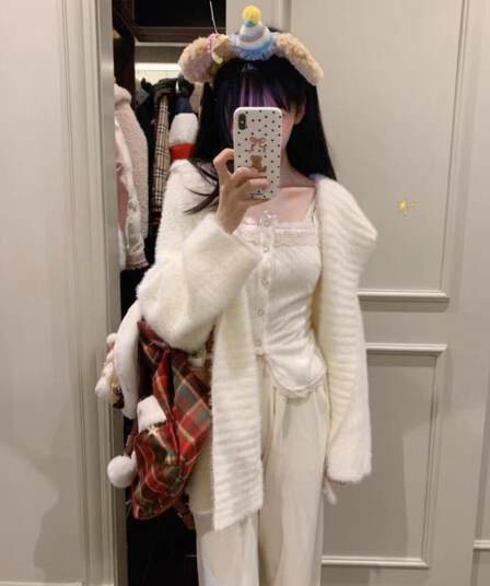 suuuicee 우유 푸 탑 탑 순수한 욕망 큰 모피 칼라 후드 루즈핏 스웨터 코트 부드러운 찹쌀 두꺼운 니트 맨위