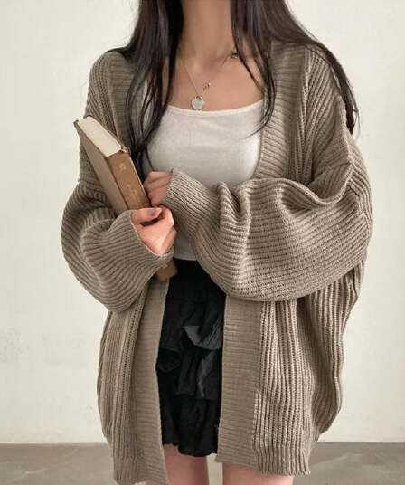 있음 선적 한국 chic 루즈핏 캐주얼 느긋한 다용도 중간 길이 스웨터 오픈 가디건 여성 보온 재킷