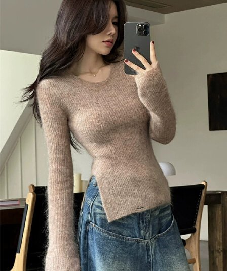 핫걸 u 칼라 긍정적 인 어깨 니트 기본 셔츠 여성 가을 겨울 인사이드 가져 가라. 고급 센스 스웨터 몸매 가꾸기 불규칙 긴팔 맨위